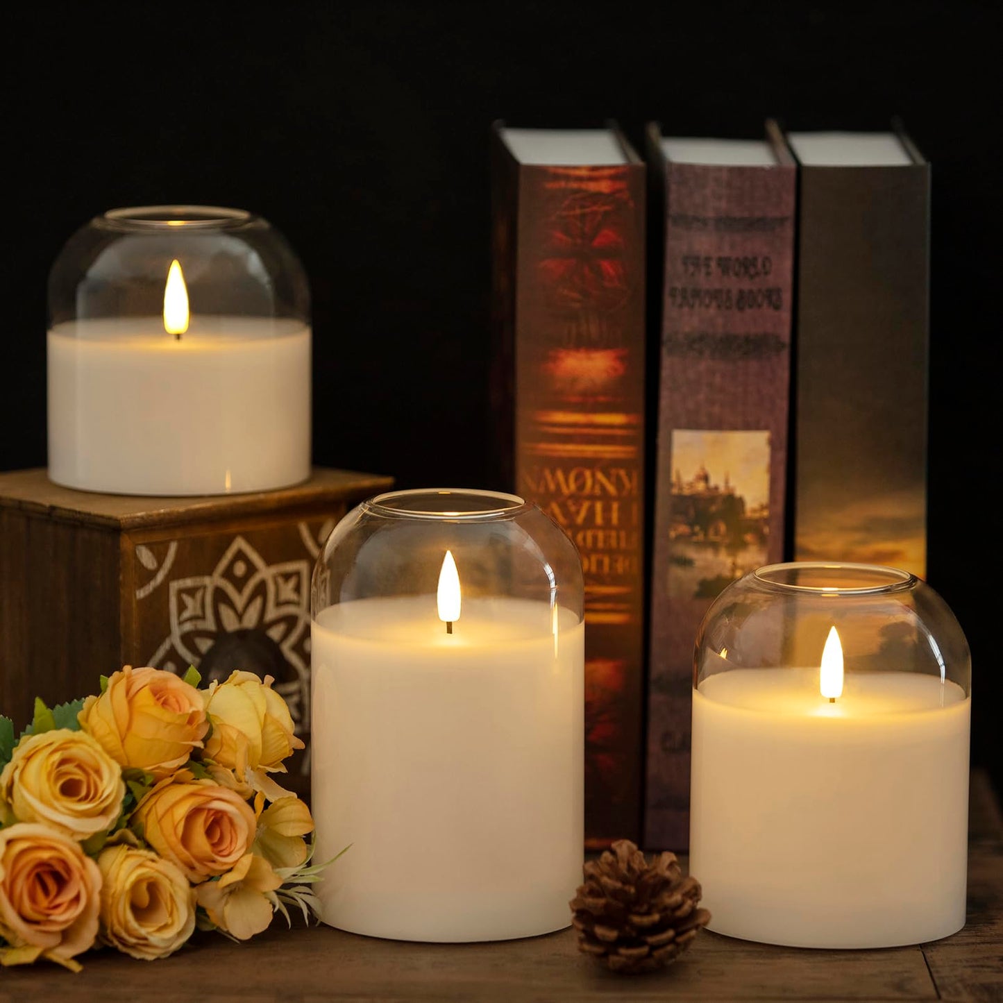 volnyus Clear Glass Flameless Candles with Remote Battery Operated Flickering LED Pillar Candles Real Wax Wick Φ 3"" H 4"" 5"" 6"", Gold