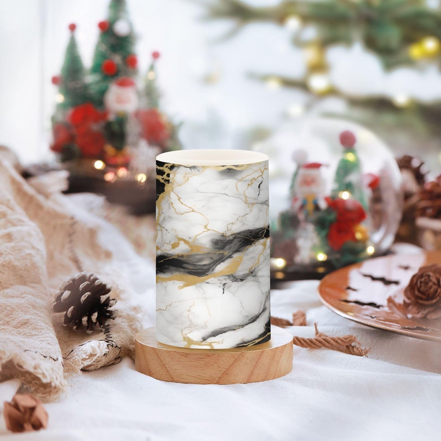 BOENLE Flickering Flameless Candles, Golden White Black Marble LED Candles with Remote Timer, Set of 2 Battery Operated Candle for Valentine Wedding Birthday
