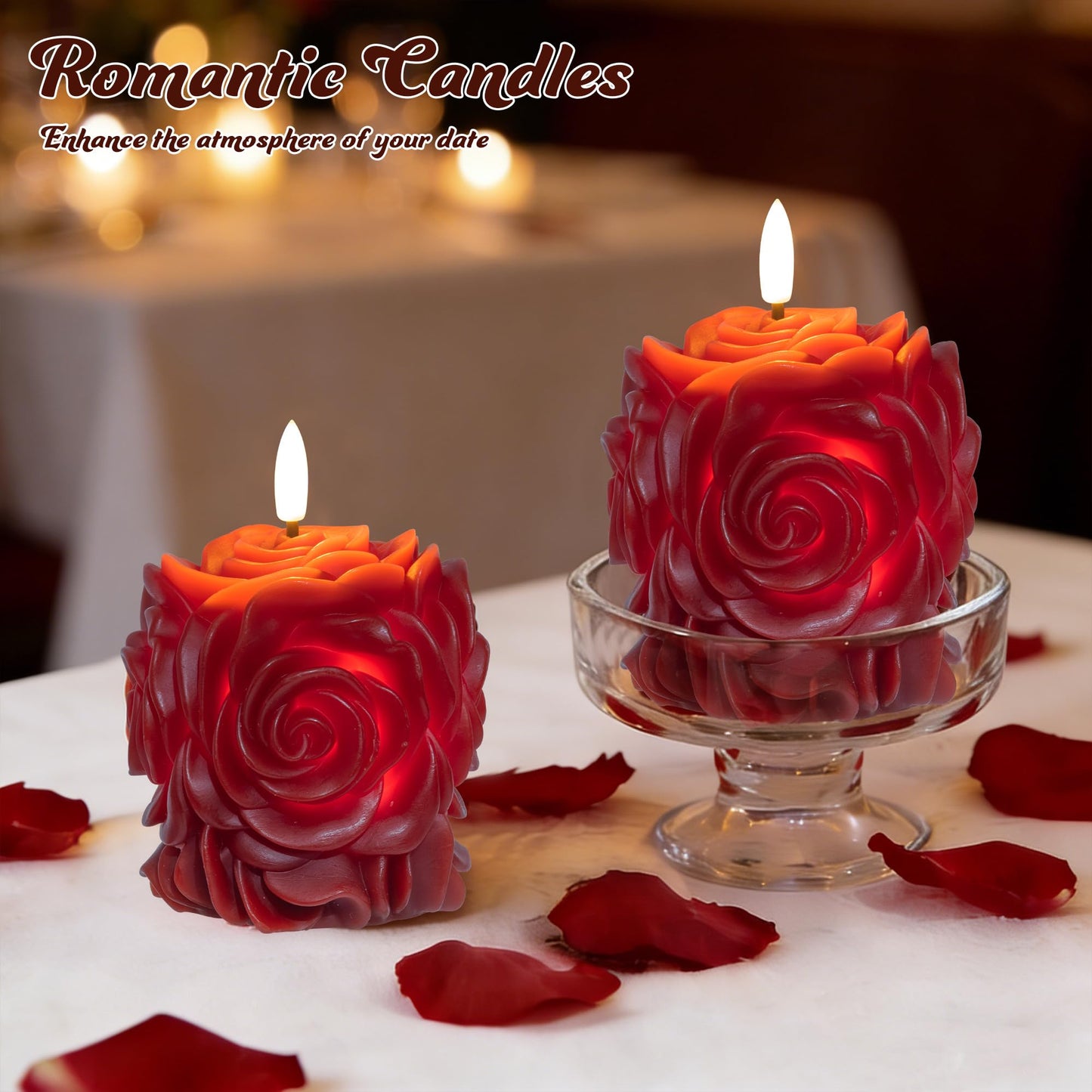 JOIONE Valentines Day Flameless LED Candles, Rose Shaped 3D Flickering Flame Battery Operated Candle with Remote, Romantic Candles for Date Night, Valentine's Day, Wedding and Home Décor, Red