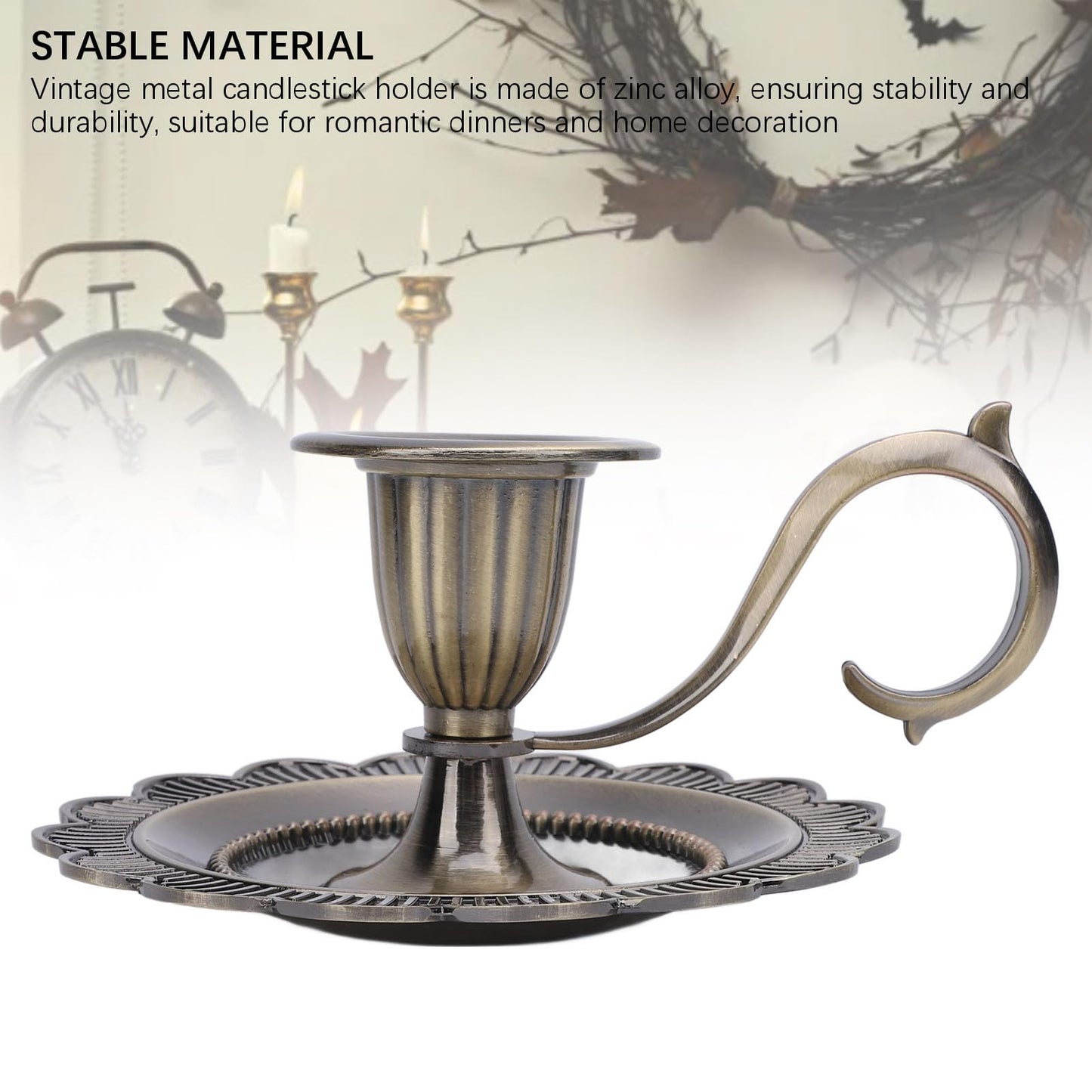 Retro Candlestick Holder, Handheld Table Candlelight Stand with Flat Base, for Romantic Dinners, Home Decoration, Fireplaces (Antique Bronze)