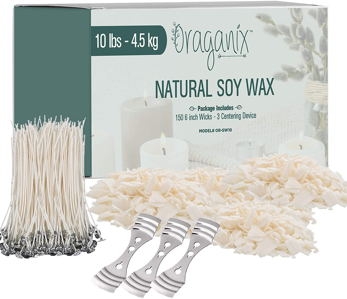 Oraganix 10 lbs Soy Wax DIY Candle Making Kit with 150 Pre-Waxed 6-Inch Wicks and 3 Centering Devices - Smooth Burning Wax for Craft Projects and Scented Project Creations