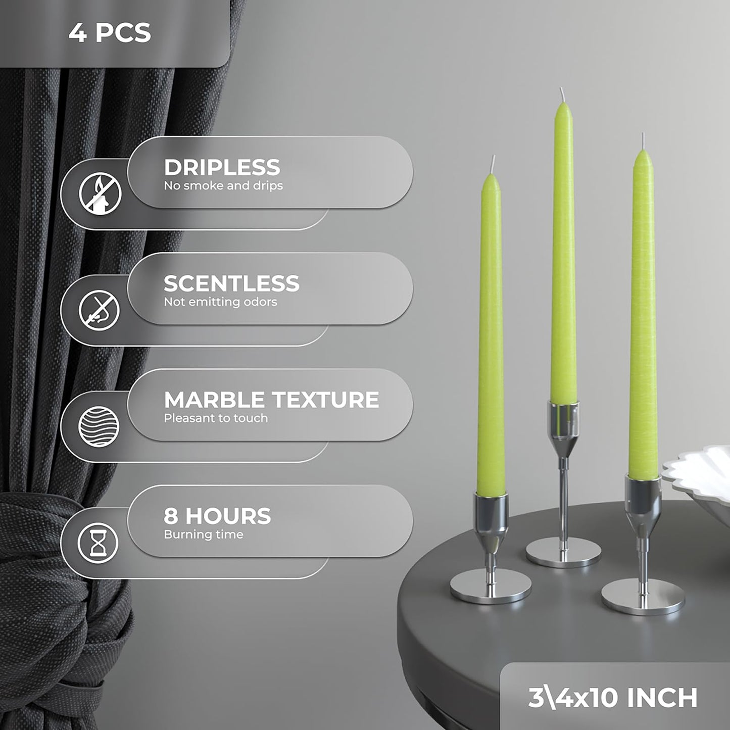 CANDWAX 10 inch Olive Taper Candles Set of 4 - Dripless Unscented Candlesticks - Perfect as Dinner Table Centerpiece Tapers or Household Decor