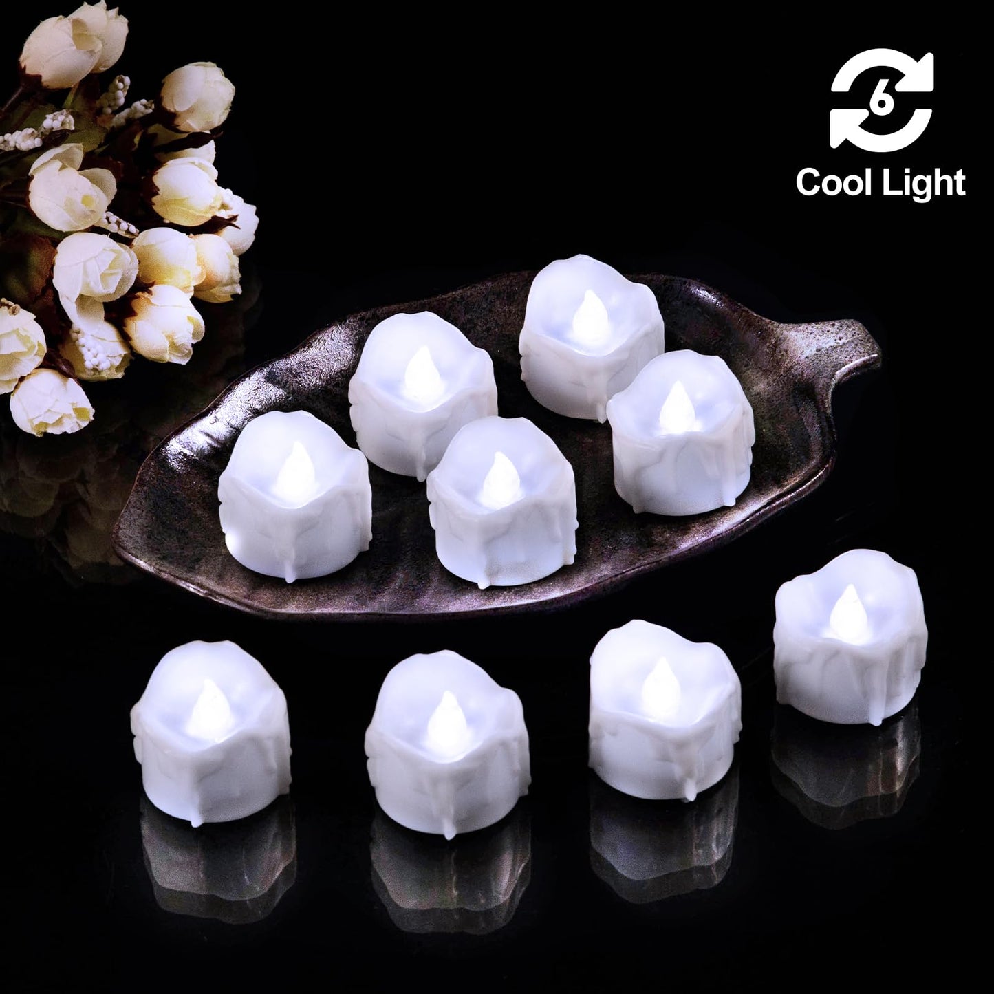 Windshell Cool White Flickering Flame Tea Lights with 6H Timer (No Remote), Battery Operated LED Flameless Tealight Candles with Melting Design, for Halloween Wedding Party, 12 Pack