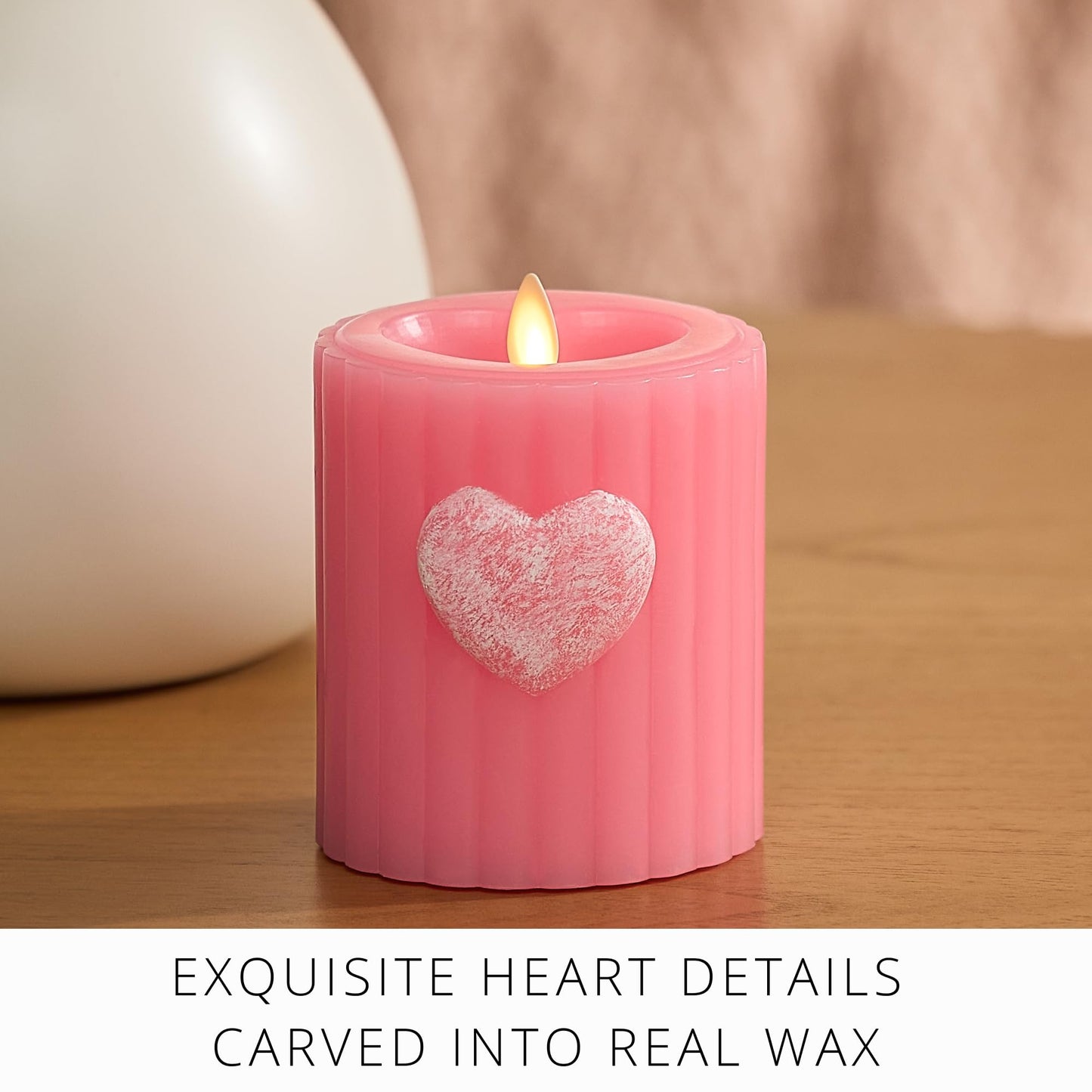 Luminara Flickering Flameless 3.7" x 4.5" Pillar Candle, Battery Operated Remote Ready (Sold Separately) & Timer Function, LED Light, Ribbed Real Pink Wax w/Embossed Heart Design for Valentine's Day