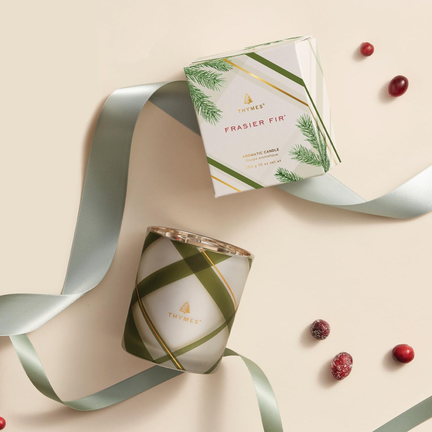 Thymes Frasier Fir Candle – Frosted Plaid Collection – Green & White Glass Jar Design – Scented Candles for Home Decor – Notes of Crisp Siberian Fir, Cedarwood & Sandalwood (Medium, 10 oz)