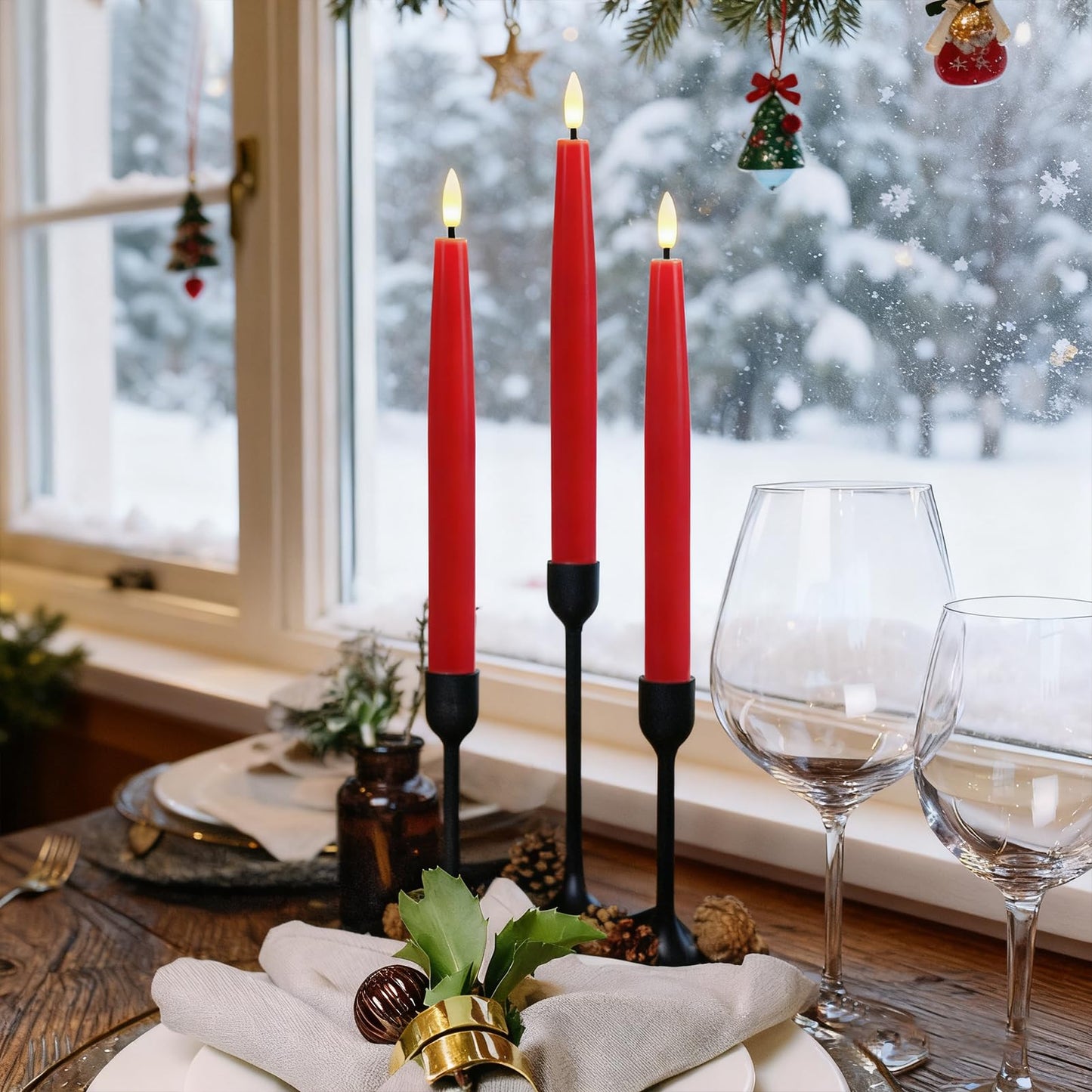 GenSwin Flameless Taper Candles, Set of 2 Red LED Taper Candles Battery Operated with Remote Timer, Real Wax Flameless Candlesticks with 3D Flame for Home Wedding Party Holiday Decor (0.78” x 9.65”)