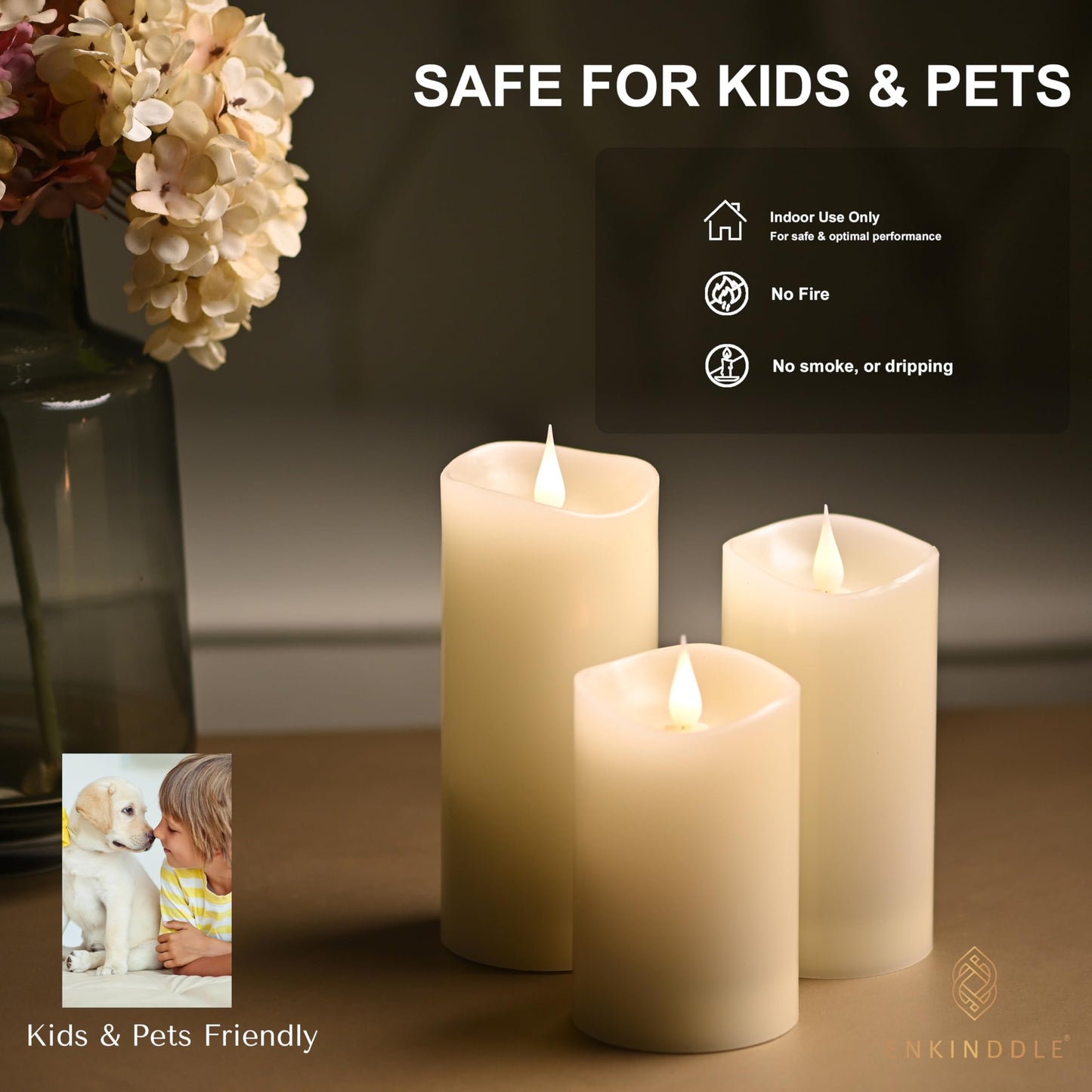 ENKINDDLE Tall Flameless Candles with Timer, 3D Moving Flame LED Pillar Candle, Real Wax Flickering Candle, Battery Operated, Ivory 3"x7" for Fireplace & Living Room Decor