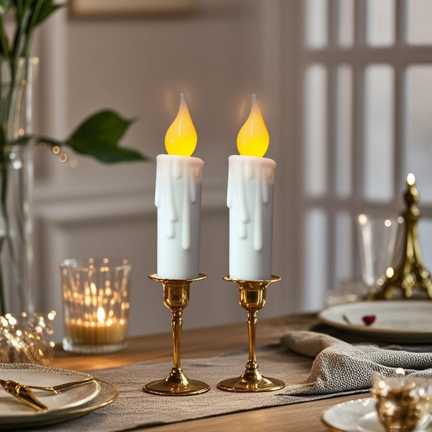 LINCOUNTRY. Battery Opererated Short Taper Candles with Auto Timer,Led Flameless Taper Candles Flickering Flame White Plastic LED Candlesticks, 4.65 Inch Home Christmas Halloween Wedding Decor, 6 pcs