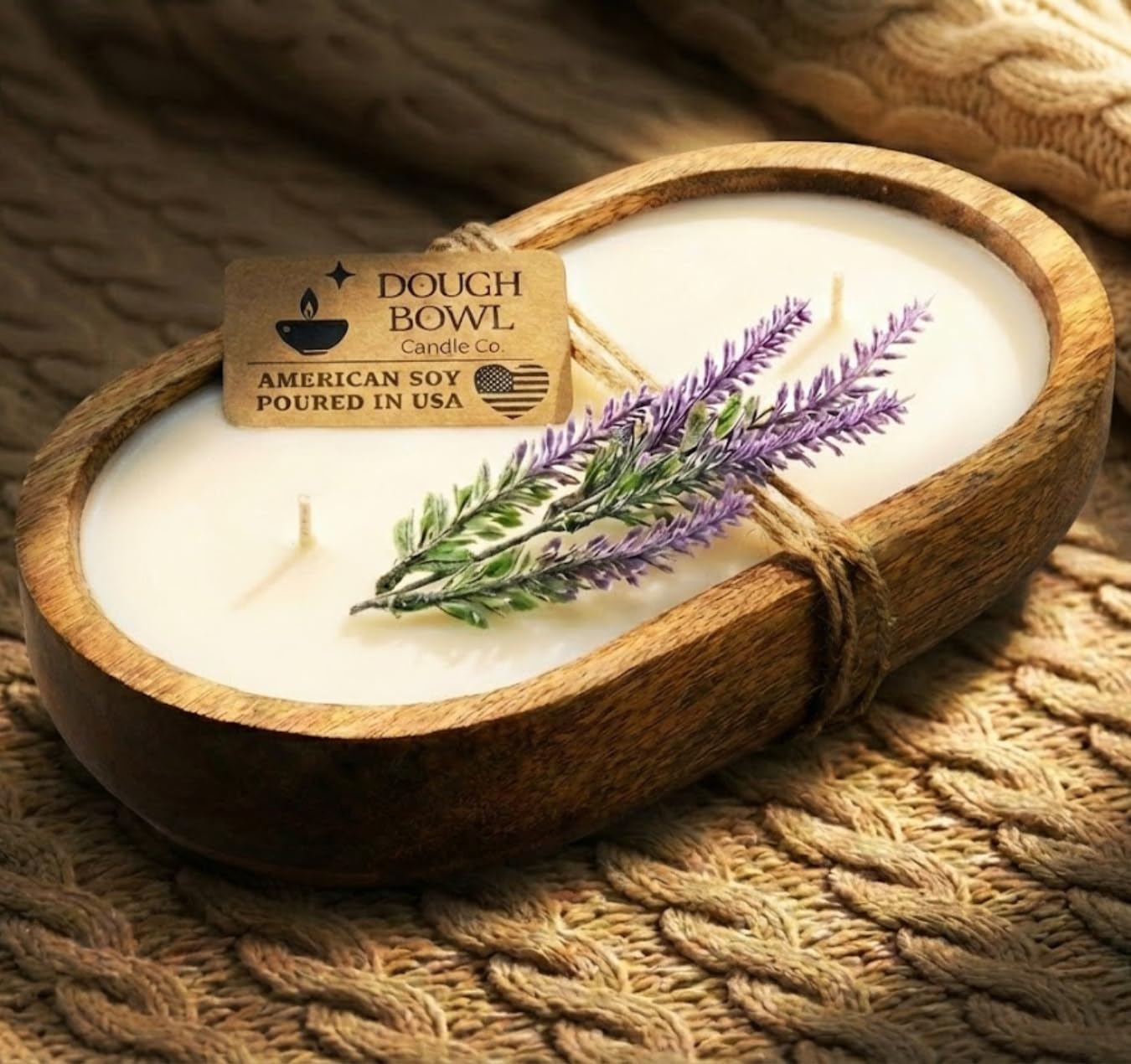Dough Bowl Candle Co. Wooden Bowl Candle - 20 Oz. 10x6x2 3-Wick Large Lavender Soy Candles for Home Scented, Long Lasting Aromatherapy for Women and Men with Up to 40H Burn Time, Decoration Gifts