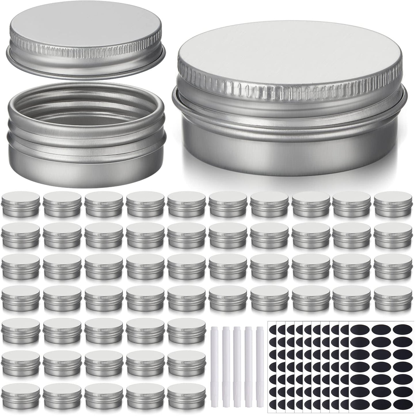 Zubebe 200 Pack Metal Tins with Lids Bulk Screw Top Aluminum Tin Containers Round Tin Cans for Cosmetic Lip Balm DIY Salves Candles Wax with 5 Markers 10 Sheets Label Stickers (Silver,0.5 oz)
