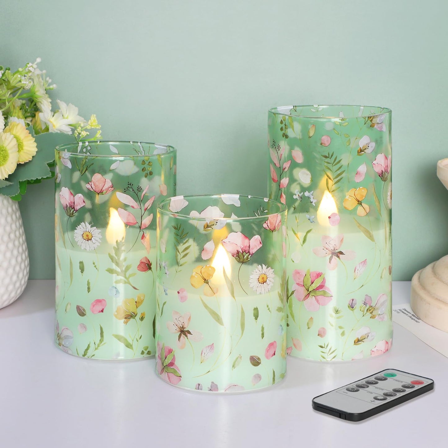 Impress Life Spring Decor Flameless Candles with Remote, 3PC Battery Operated Real Wax LED Candle, Pink Floral Decals with Flickering 3D Wick for Home Centerpiece