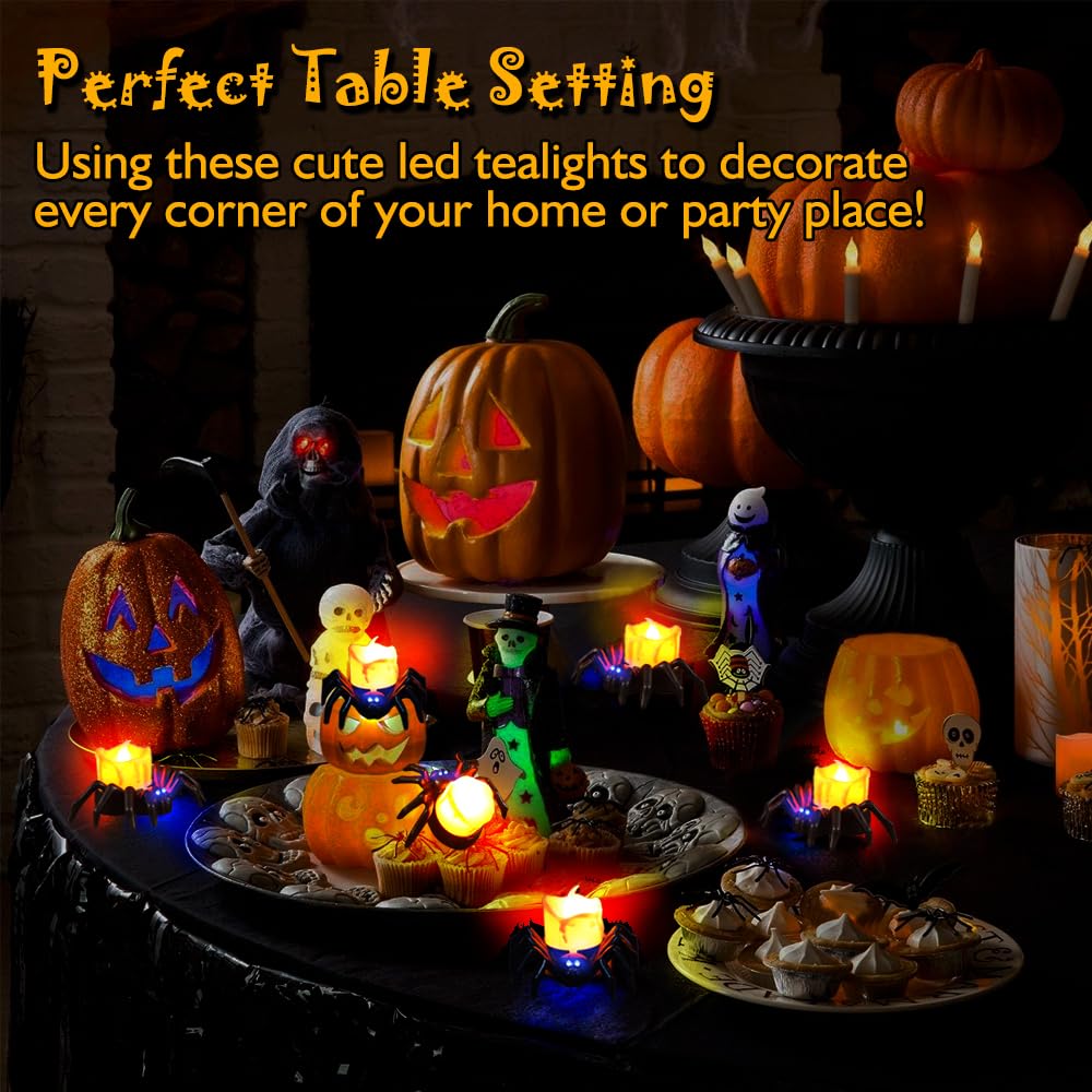 6 Pack Halloween Flameless LED Candle Lights, 3D Spider LED Tealight Candles with Bright Warm Yellow&Purple Light, Battery Operated Led Decorative Candle Lights for Home, Halloween, Christmas Decor