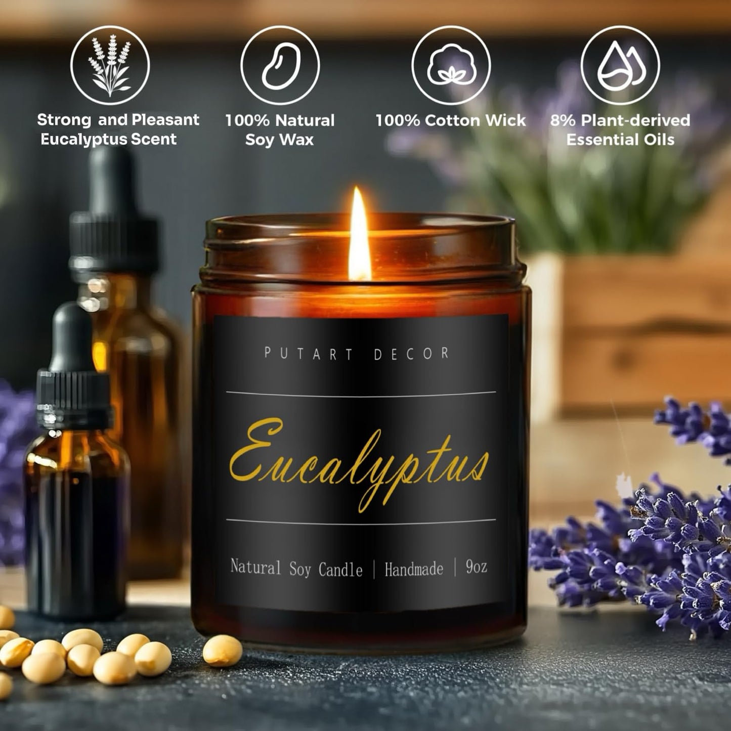 Putart Eucalyptus Mint Candles for Home Scented, Natural Soy Aromatherapy Non Toxic Candles with Long Lasting Fragrance & Clean Burn, Luxury Jar Candle Gift for Women, Men, Home Decoration 9oz