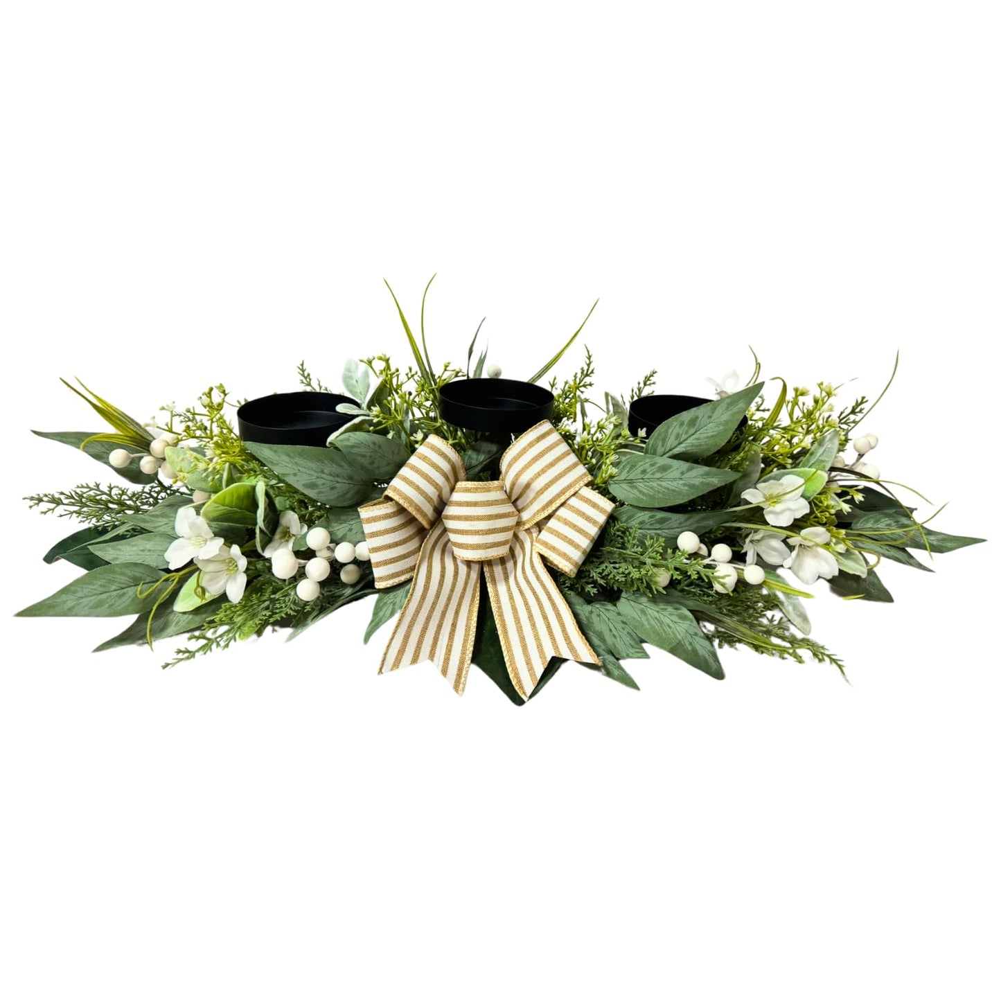 Candle Holder Centerpiece for Table,3 Wick Candle Holder with Artificial Gypsophila Flower,Artificial Eucalyptus Leaves Magnolia Holly Berries and Striped Bow for Table Centerpiece Decor,Dining Room