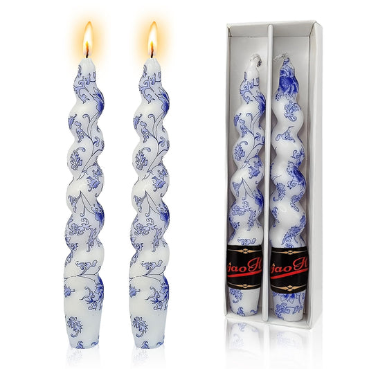 NJAO HOO Floral Taper Candles 7.5 in Spiral Candlesticks Hand Printed Blue Flower Candlestick Twisted Taper Candle for Home Garden Decor Simple Modern, 2Pcs