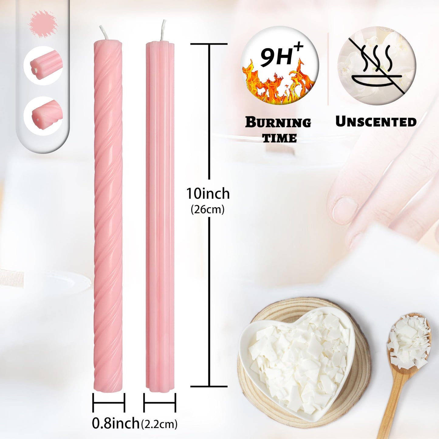 Dripless Unscented Pink Spiral Taper Candles Smokeless Long Lasting Burn 10 Inch Elegant Roman Column Candlesticks for Home Wedding Decorations