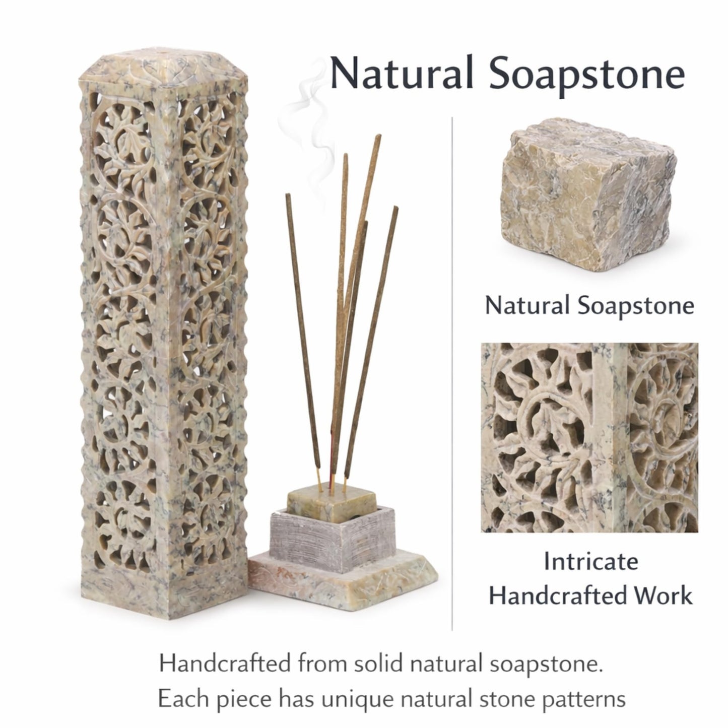 Carry Me Handmade Marble Soapstone Incense Stick Burner | Candle Stick Holder | Tea Light Stand - Perfect Incense Tower for Gifting. Decorative Home and Kitchen Decor (3 x 3 x 11 Inches)