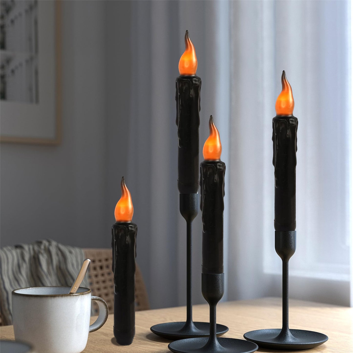 Gedengni Black Candlesticks Flameless Taper Candle, 4pcs Real Wax LED Tapered Candles Remote Dipped Candle 6inches Battery Chandelier for Enchanting Weddings Harry Potter Inspired Vigils,B