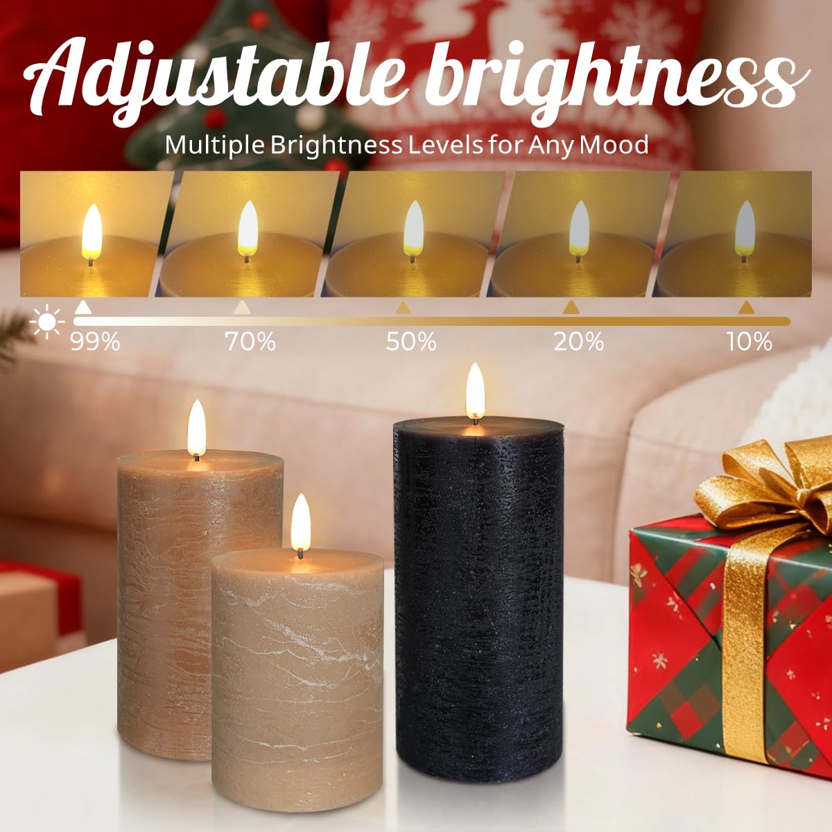 LEDHOLYT Rechargeable Flameless LED Pillar Candles–Luminous Real Wax Indoor Home Decor–Set of 3, Realistic Flickering LED Flame,Remote & Timer, USB-Rechargeable（Caramel Beige）