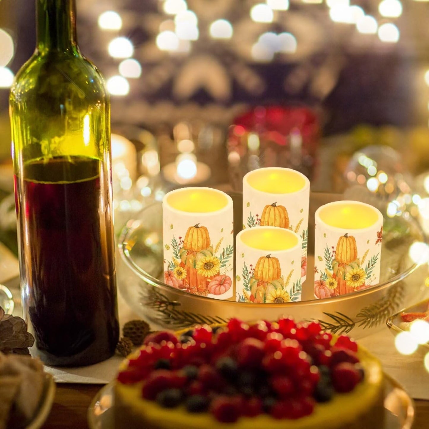 Merkmak 5.7" x 3" Battery Operated Candles with Timer 4Pcs Pumpkin Sunflower Maple Leaf Flameless LED Candles Bulk with Remote Thanksgiving Party Decor Electric Plastic Pillar Lights Bulk
