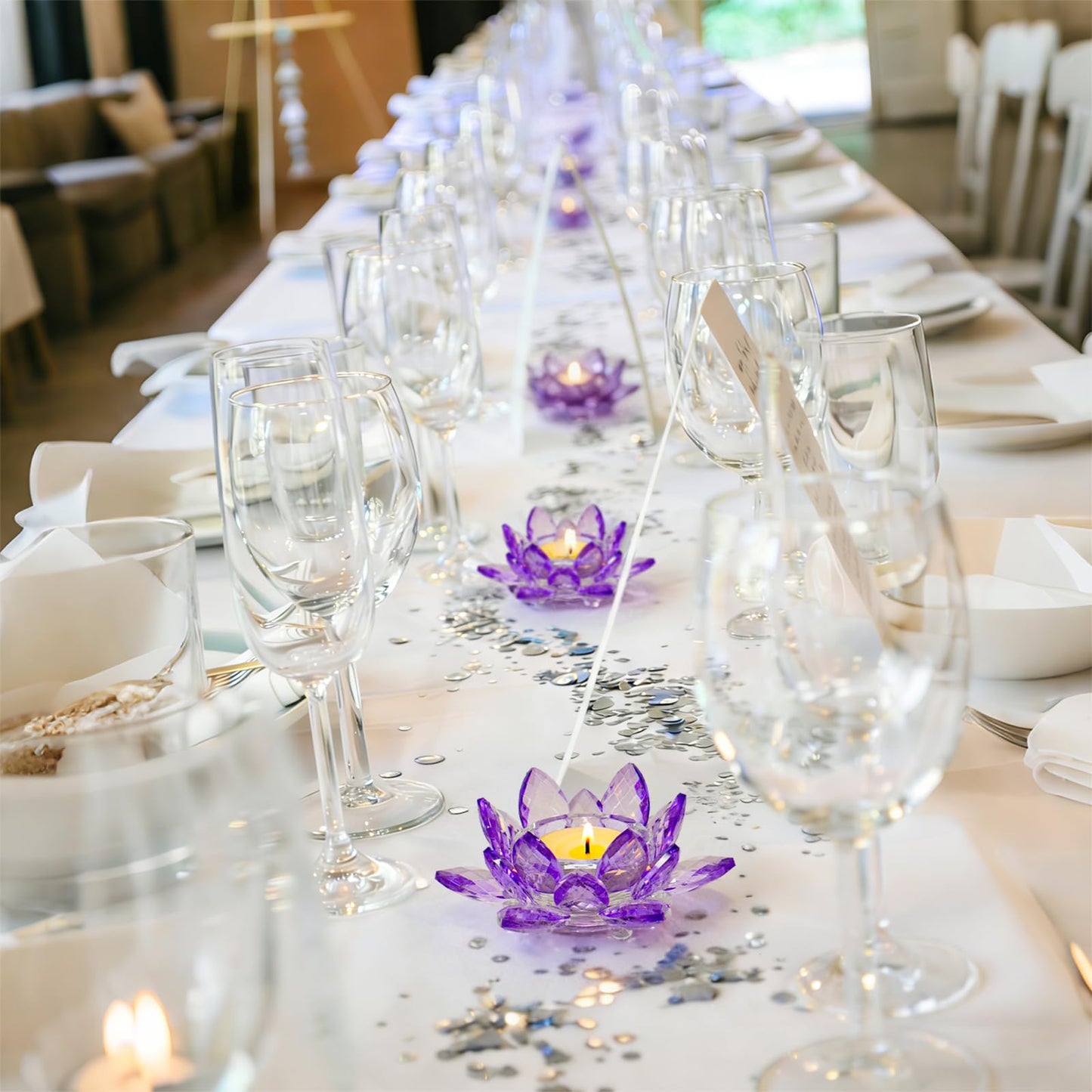 Kolnlala 2 Pcs Purple Crystal Lotus Flower Tealight Candle Holder | Glass Votive Candlestick Decor for Home, Wedding, Party & Christmas Table Centerpieces