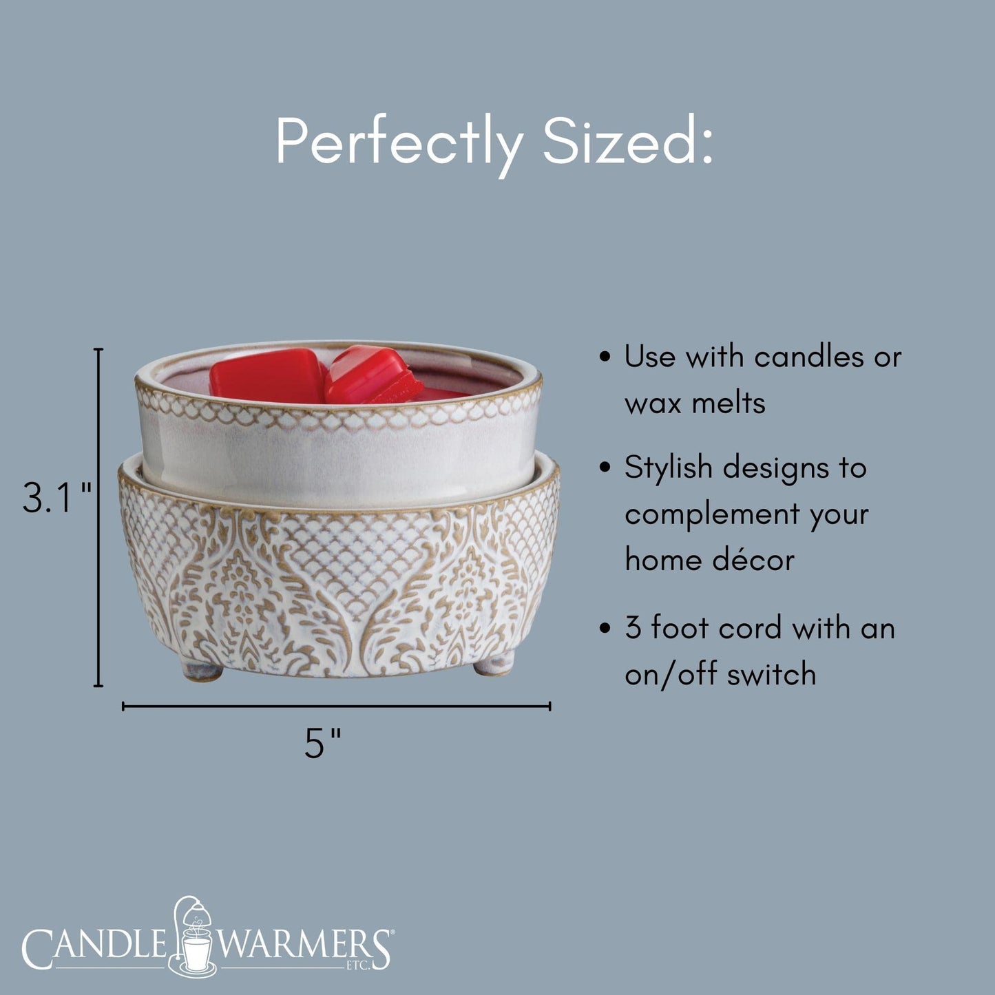 Candle Warmers ETC 2-in-1 Candle and Fragrance Warmer for Warming Scented Candles or Wax Melts and Tarts with to Freshen Room, Vintage White Lace