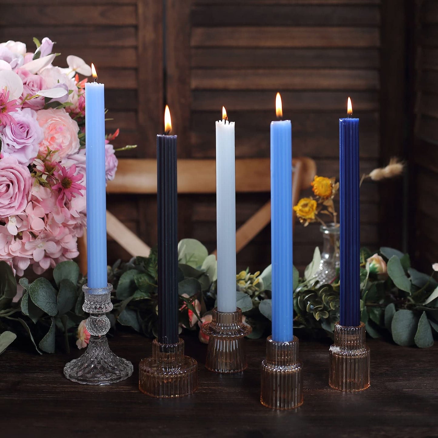 Tableclothsfactory 5 Pack | 9" Assorted Blue Premium Unscented Ribbed Wick Taper Candles, Tall Ribbon Wax Dinner Candles