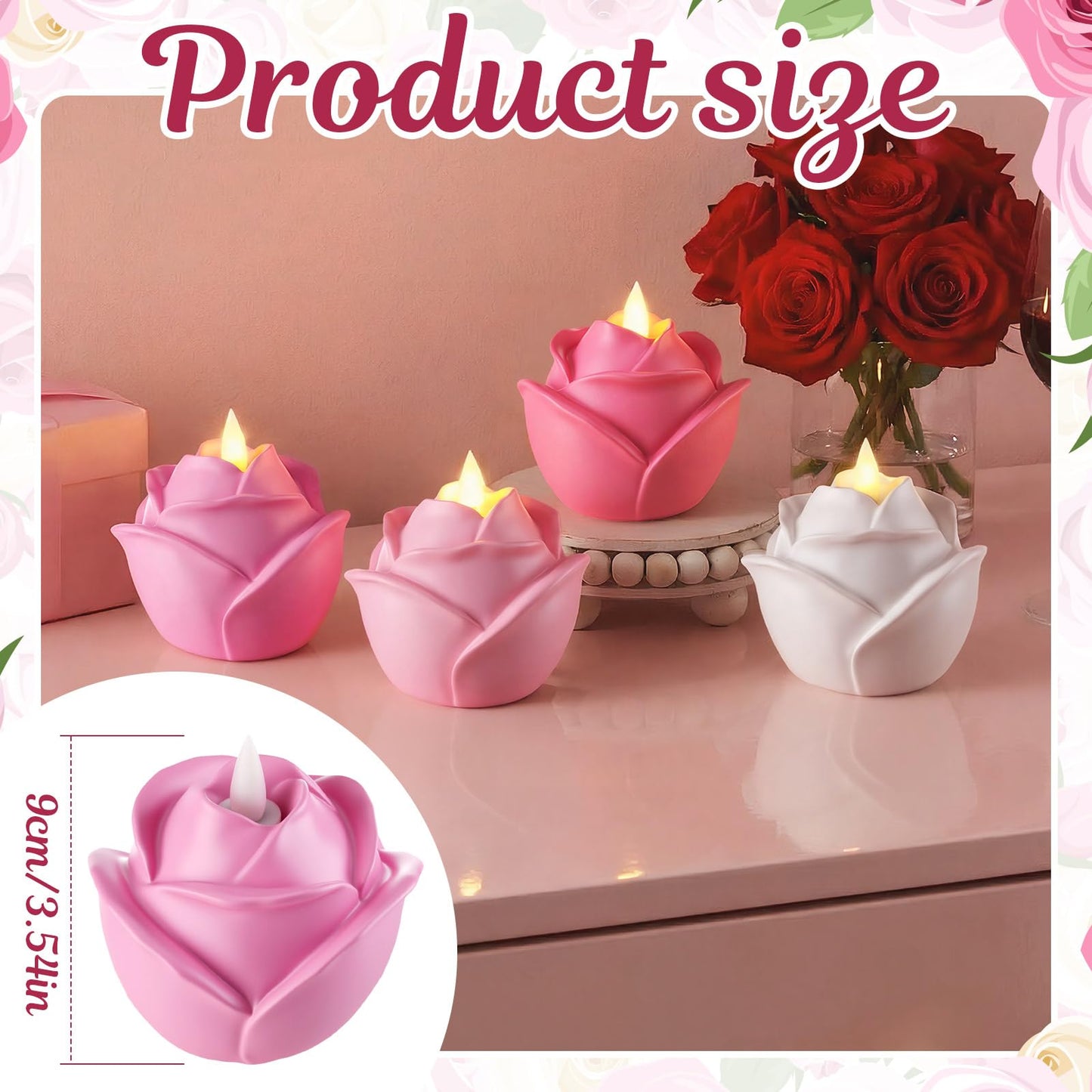 Bucherry 4 Pcs Rose Flameless Candle Light 3.5" LED Resin Pink Rose Flower Tealight Candle Battery Operated Rosebud Flickering Tea Light for Wedding Party Teacher Gifts Home Table Decor