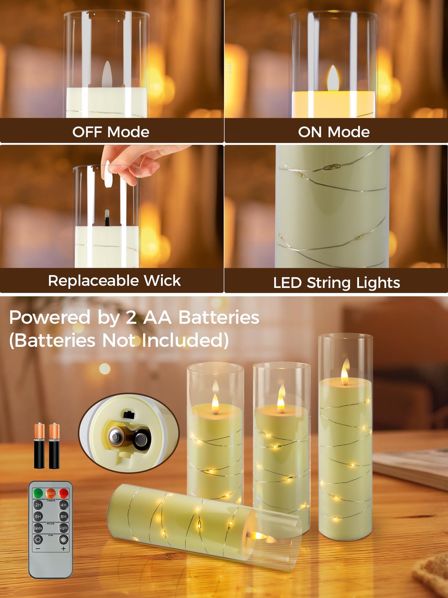 uuffoo 5 Pcs Flameless LED Candles with Timer Remote Flickering Flameless Candles with Embedded Star String, 3D Wick Acrylic Battery Operated LED Pillar Candles for Wedding Party Home Decor