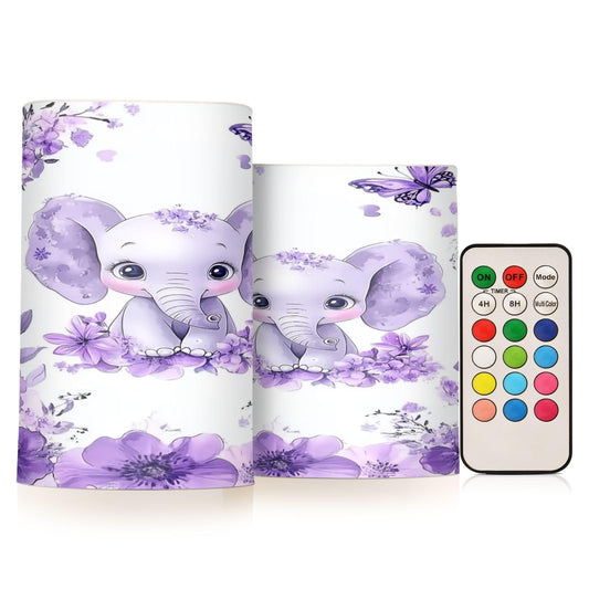 WEVIBOFU Purple Elephant Butterfly Flower Flickering Flameless Candles LED Battery Operated with Remote Timer Pillar Candles for Home Birthday Wedding Christmas Decor, Set of 2