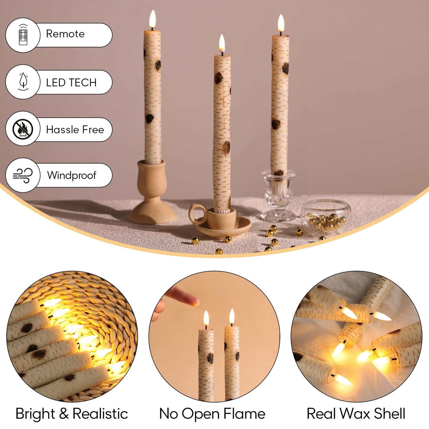 Girimax Birch Bark Flameless Taper Candles with Remote, Flickering Battery Wood LED Candlesticks Set of 6