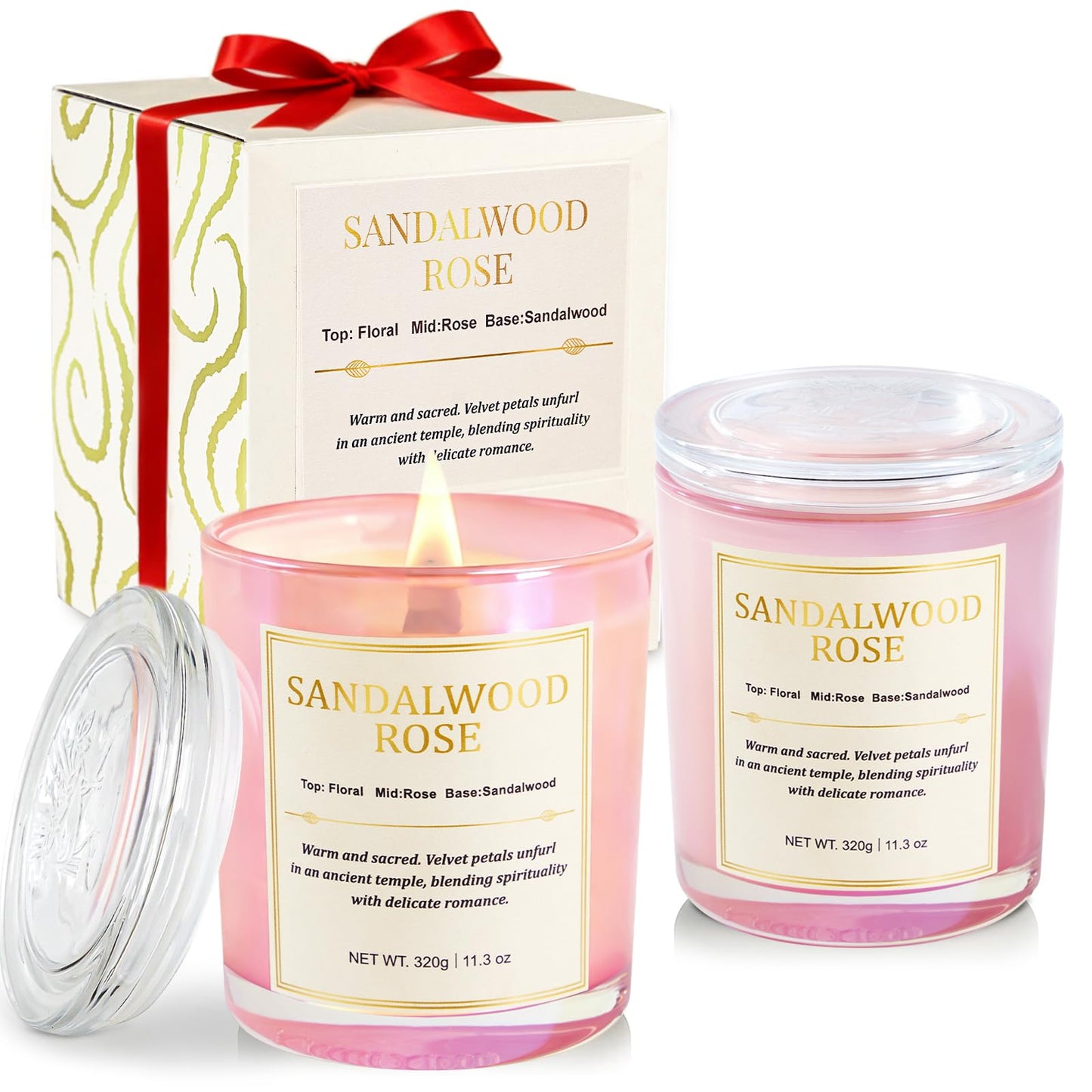 Scented Candles for Home, 2 Pack Wood Wick Sandalwood Rose Scented Candle,22.6 oz 150 Hour Long Burning Lasting, Natural Soy Wax Candles Gifts Set