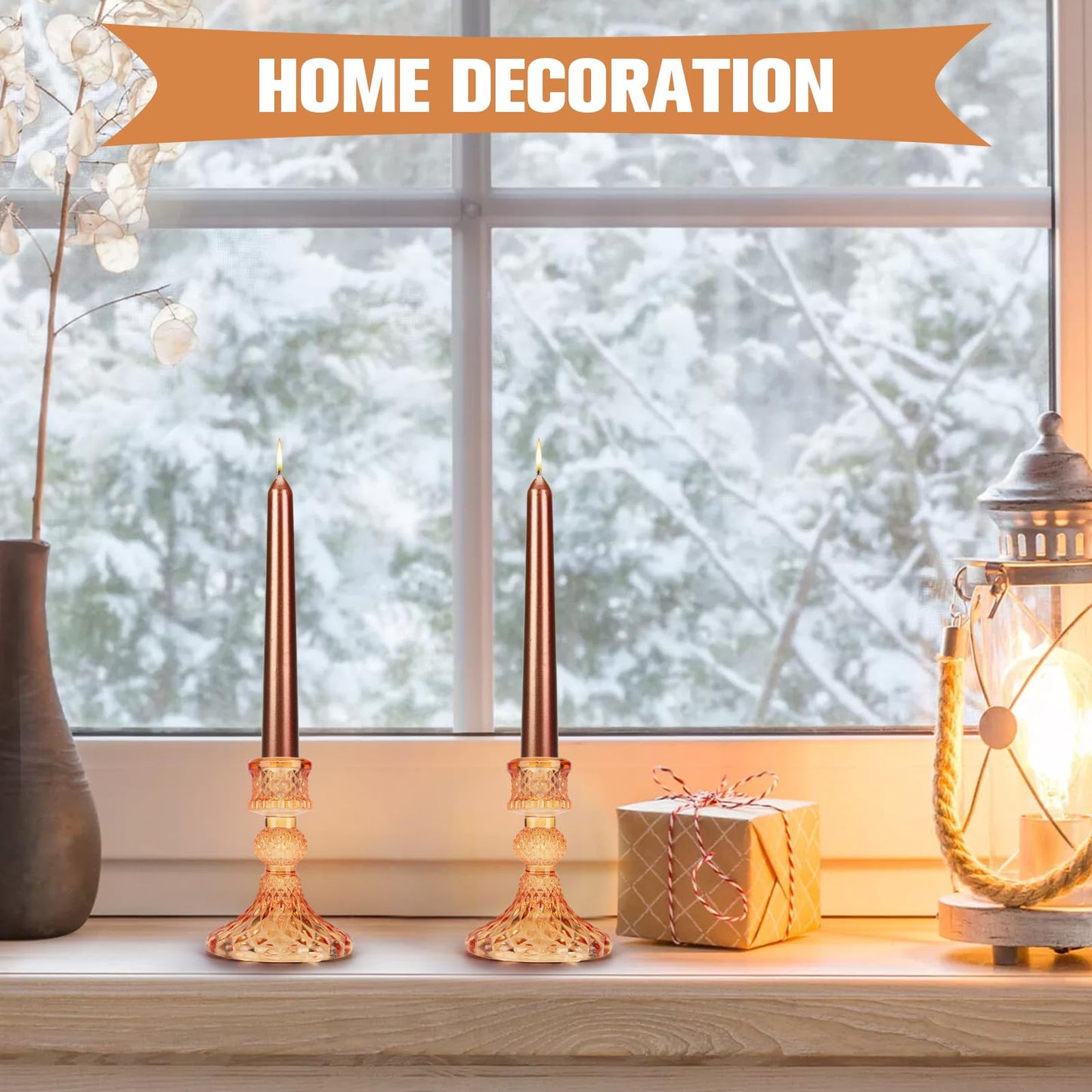 Glass Candle Holder, 2PCS Decorative Candle Sticks Pillar Candle Stand for Formal Events Wedding Party Table Centerpieces Home Decoration, Orange