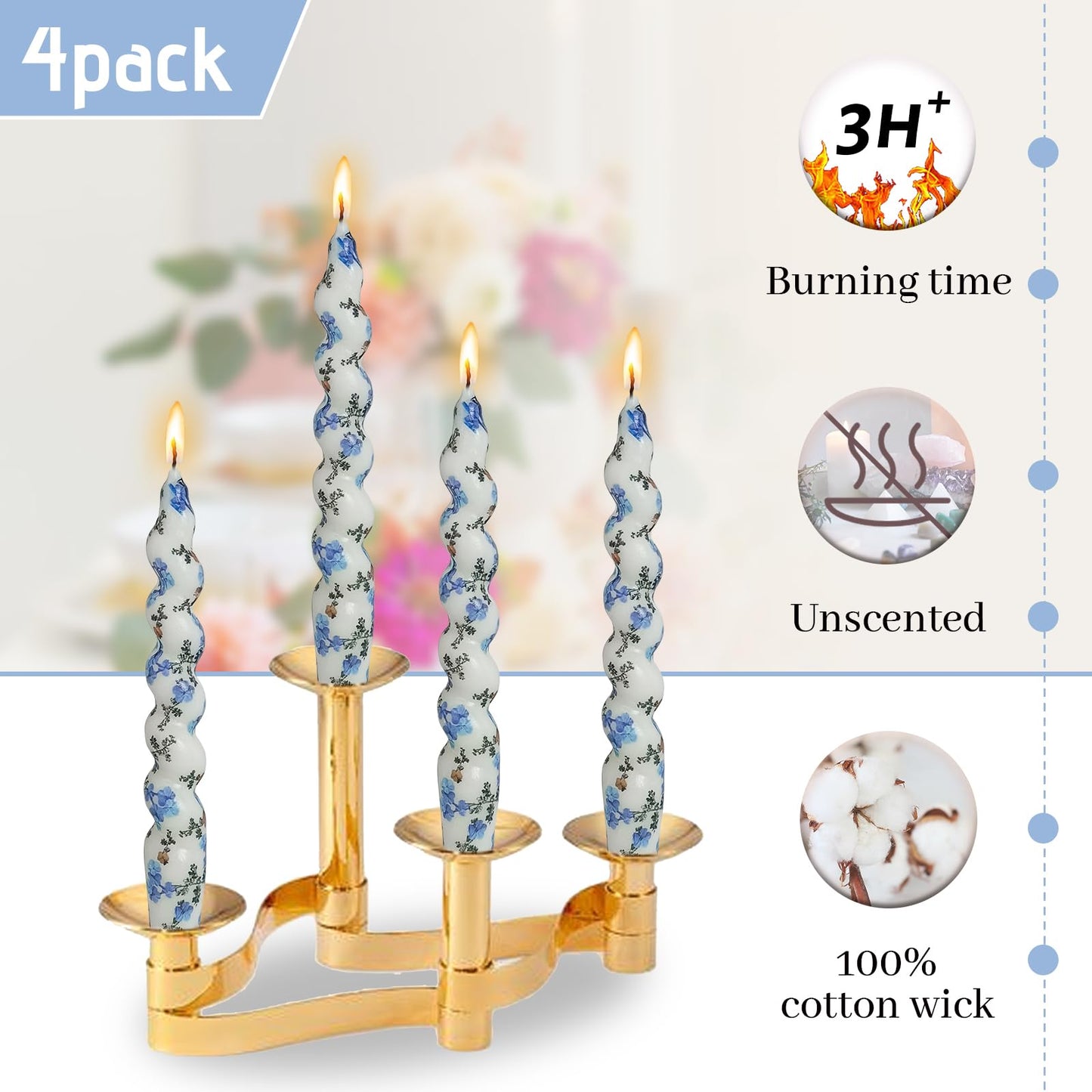 Printed Short Taper Candle Forget-Me-Not Floral Spiral Candlesticks Handmade Tapered Candles 7.5 Inch Twisted Candle for Home Dinner Decor Festival Gifts - Set of 4