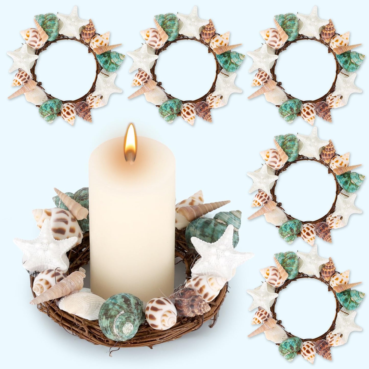 6 Pcs Summer Seashell Starfish Wreath Mini Candle Rings Wreaths Coastal Pillar Candle Holder for Ocean Cruise Wedding Parade Bridal Shower Bachelorette Party Table Decor