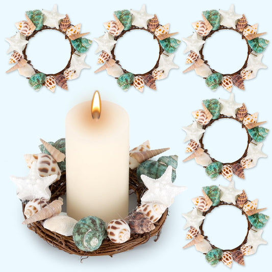 6 Pcs Summer Seashell Starfish Wreath Mini Candle Rings Wreaths Coastal Pillar Candle Holder for Ocean Cruise Wedding Parade Bridal Shower Bachelorette Party Table Decor