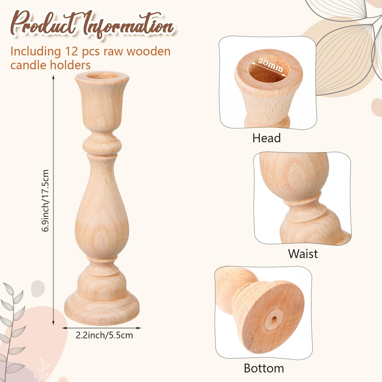 Nitial 12 Pcs Unfinished Classic Wood Candle Holders Small Wooden Candlesticks Unfinished Candlestick Holders for Crafts DIY Xmas Christmas Gift Decoration (6 Inch)
