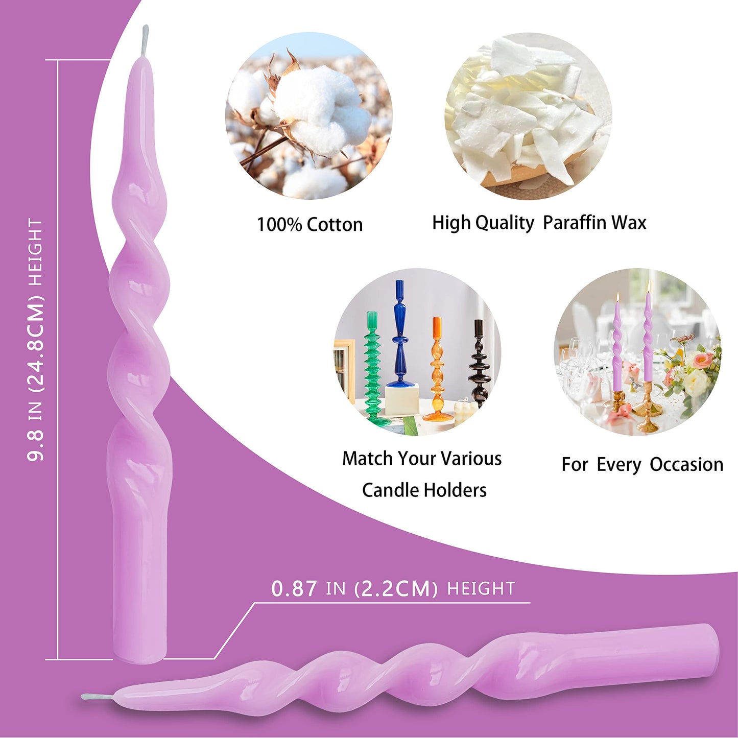 10 Inch Taper Candles Candle Sticks Unscented Handmade 2 Pack Smokeless Long Time Twisted Candlesticks for Wedding Decoration Yoga(Purple)