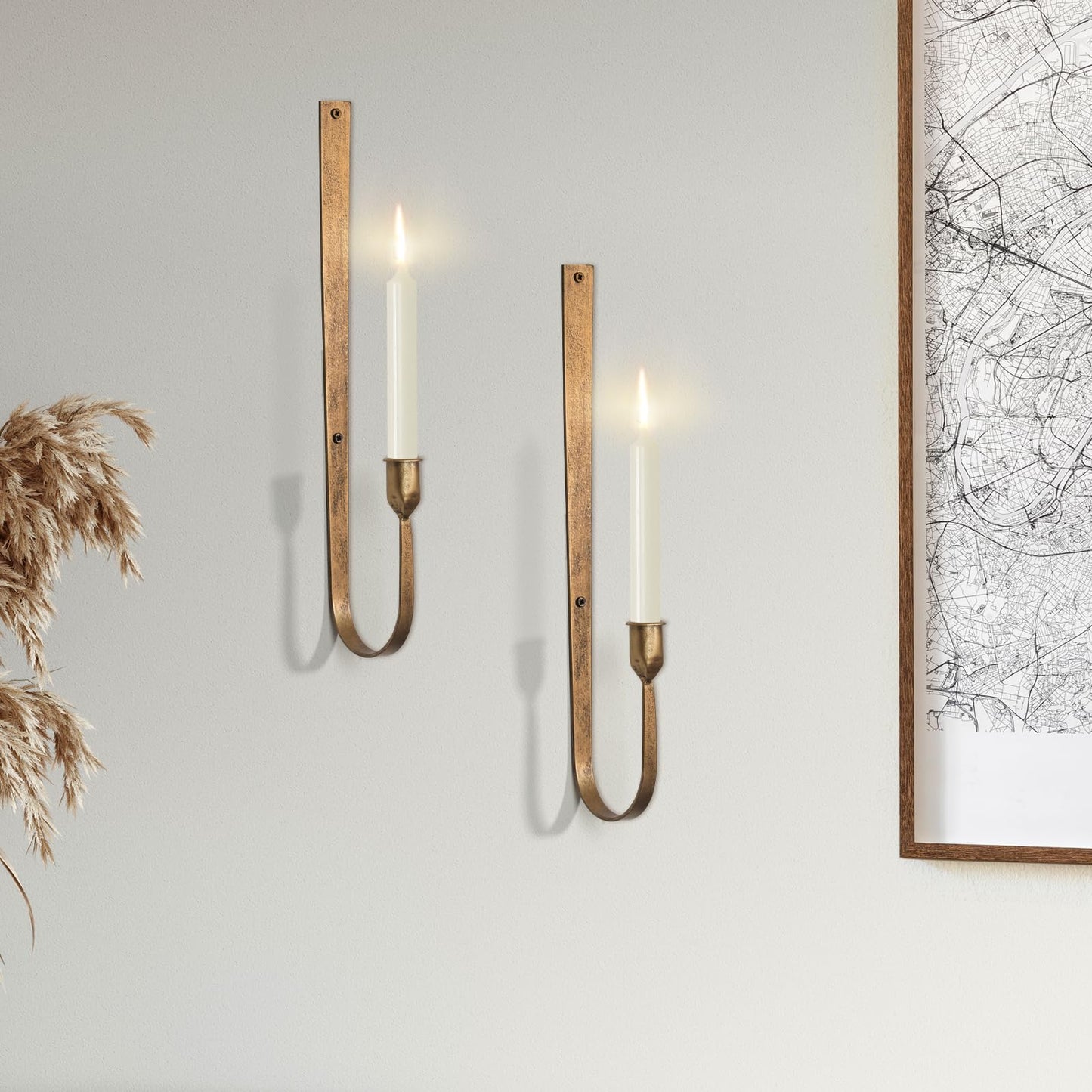 Wall Candle Holder Set of 2 - Golden Metal Wall Sconces, Rust-Resistant Wall Mount Candle Holders for Living Room, Fireplace, Wedding Decor, Modern Farmhouse Wall Decor with Installation Hardware