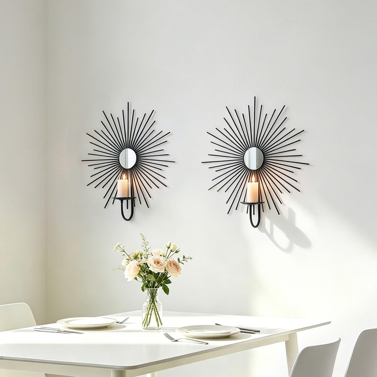Sxnzequnze 2 Set Candle Sconces Wall Decor for Living Room Metal Sunburst Mirrored Modern Gold Wall-Mounted Candle Holder Sconces Hanging Mounted Fireplace Farmhouse Wedding