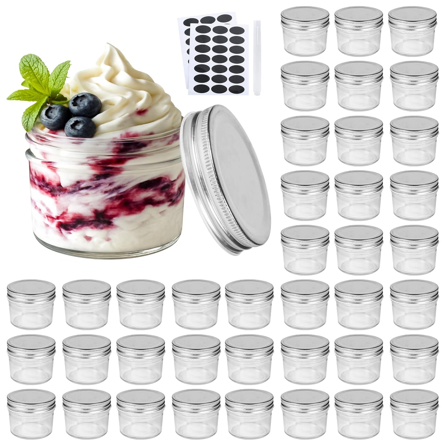 Accguan 4oz Glass Jars With Lids(Silver),Mason Jars,Ideal For Honey,Jam,Wedding Favor,DIY Magnetic Mini Spice Jars For Kitchen,Set of 40
