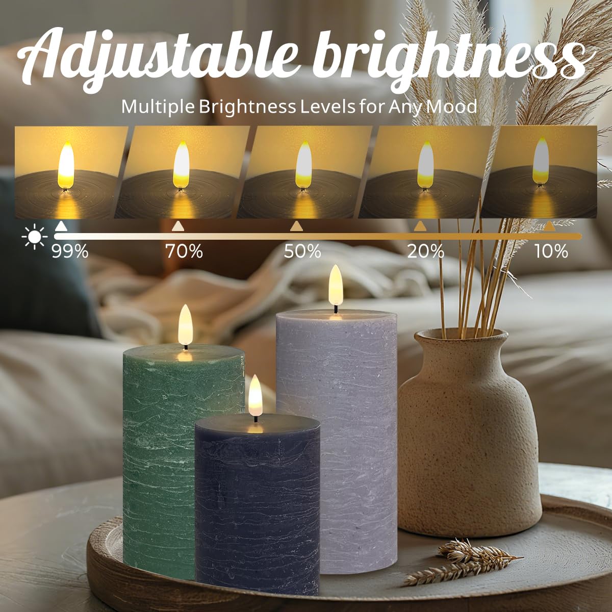 LEDHOLYT Rechargeable Flameless LED Pillar Candles–Luminous Real Wax Indoor Home Decor–Set of 3, Realistic Flickering LED Flame,Remote & Timer, USB-Rechargeable（Verdant & Ash Tones）