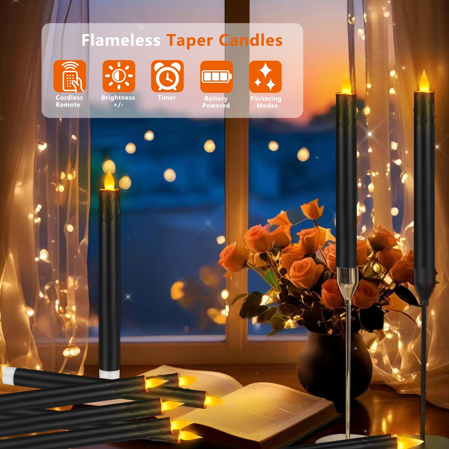 wemarry Flameless Taper Candles 10.6" Dripless Battery Operated Taper Candles Included Remote Timer 400+ Hours by 2AA Batteries for Halloween Christmas Wedding (Black, 24 Pack)