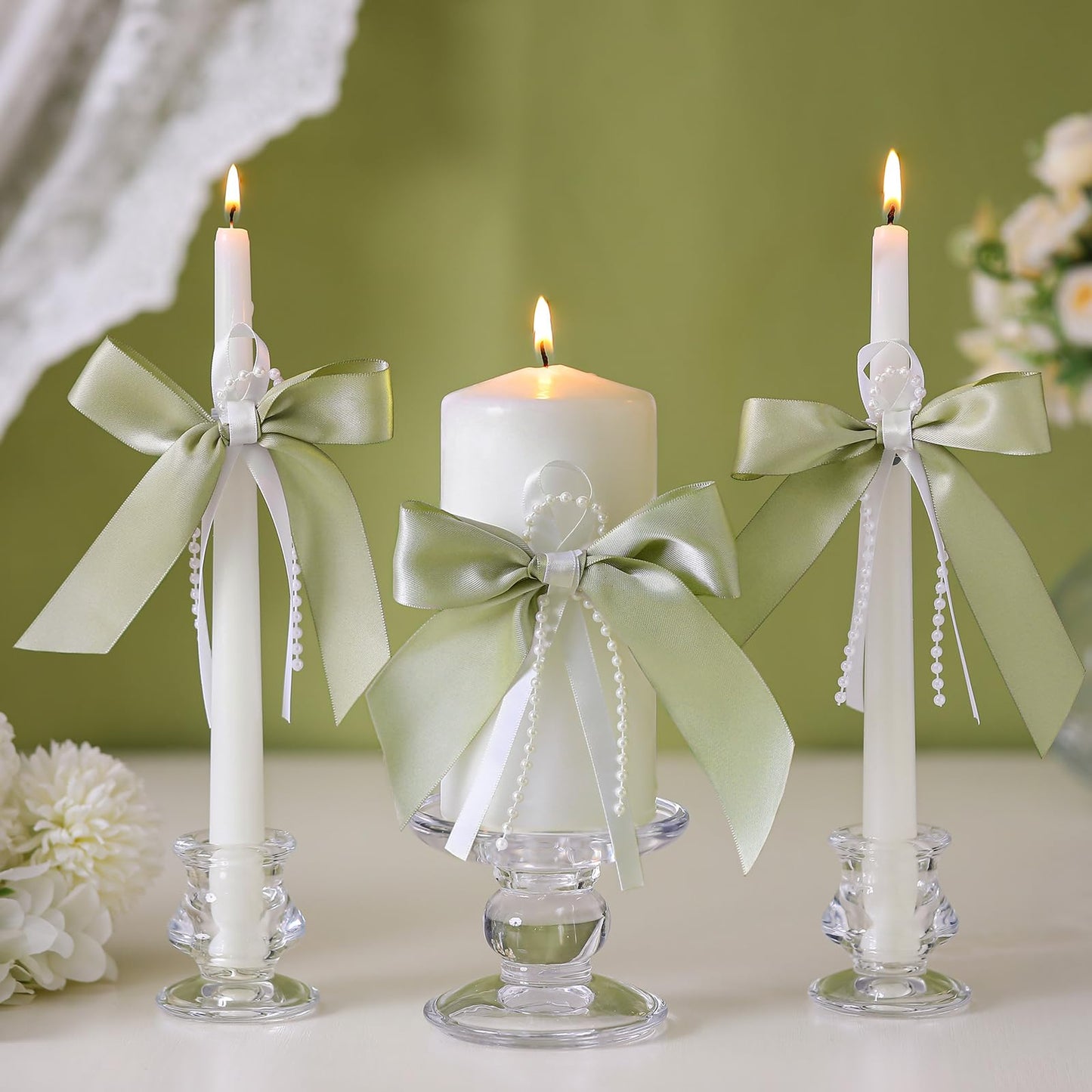 Conelist 3 Pcs Unity Candles for Wedding with Satin Bow and Glass Candle Holder Coquette Unity Pillar and Taper Candles Set Wedding Ceremony Reception Decor for Formal Events Church(Sage Green)