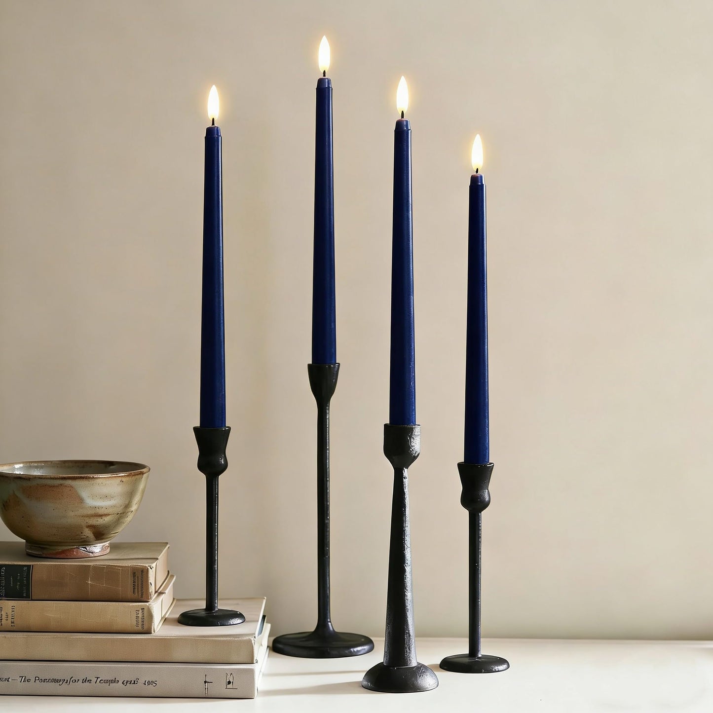 Ni-JASW Navy Blue Flameless Taper Candles with Remote Timer, Flickering Battery Operated LED Candlesticks Home Decor Set of 12