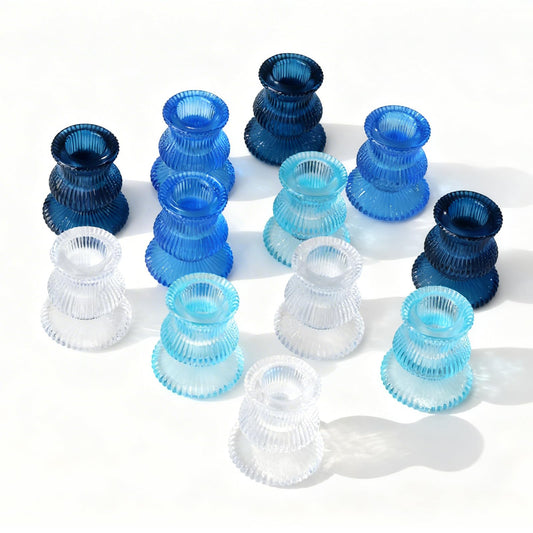 Blue Candlestick Holders 12 Pcs, Ribbed Taper Candle Holders for Table Centerpieces, Vintage Glass Candle Holders Bulk for Wedding, Birthday, Baby Shower Decoration