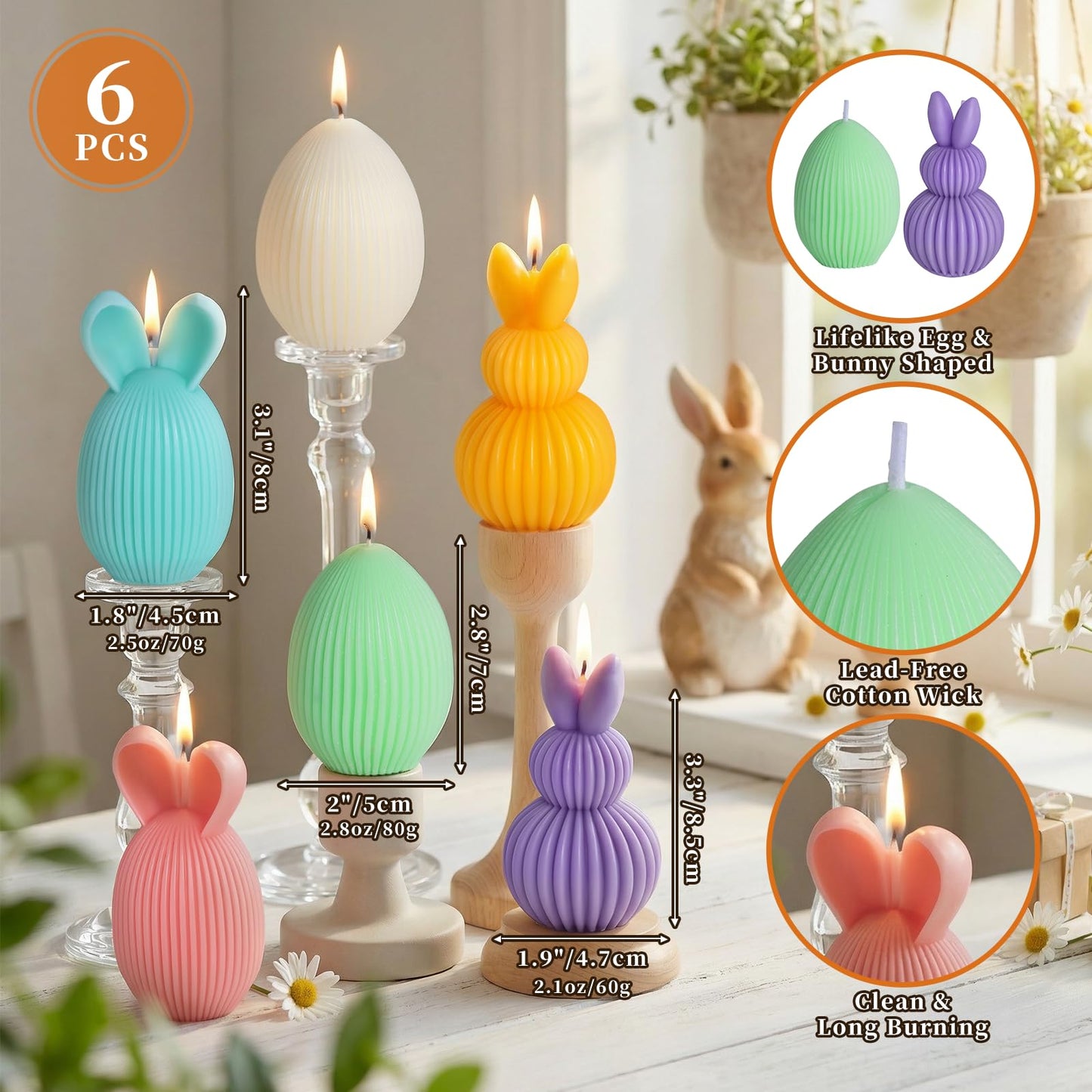 Lanpn 6 Pcs Easter Bunny & Egg Candles Gift Set, Mini Rabbit & Egg Shaped Votive Tea Lights, Easter Flower & Fruit Scented Candles, Spring Party Holiday Decor Home Table Centerpiece, Macaron Color