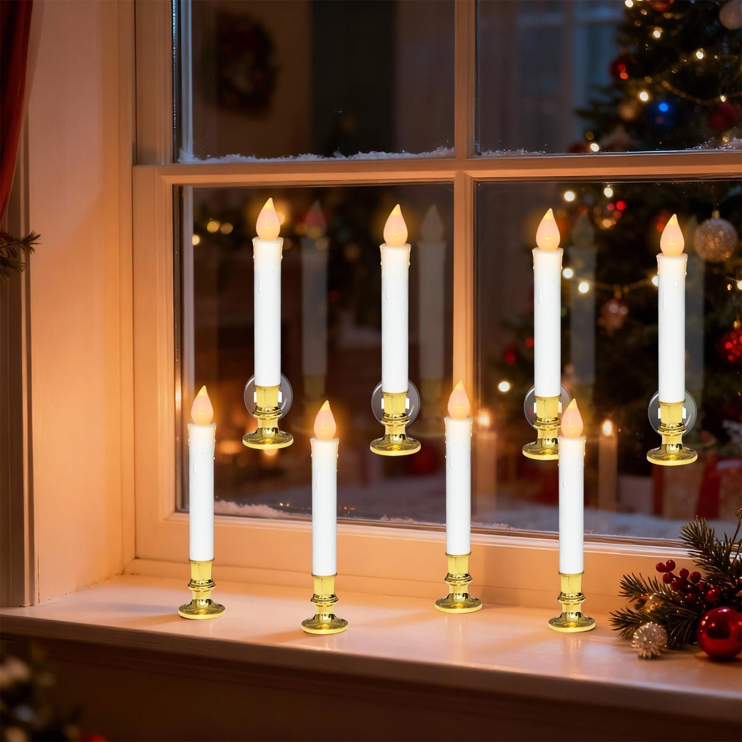 DRomance 9" Flameless Window Taper Candles Battery Operated with 8-Key Remote and Timer, 4 Pack White Christmas Holdiay Window Candles with Gold Holders, Suction Cups and AA Batteries Included