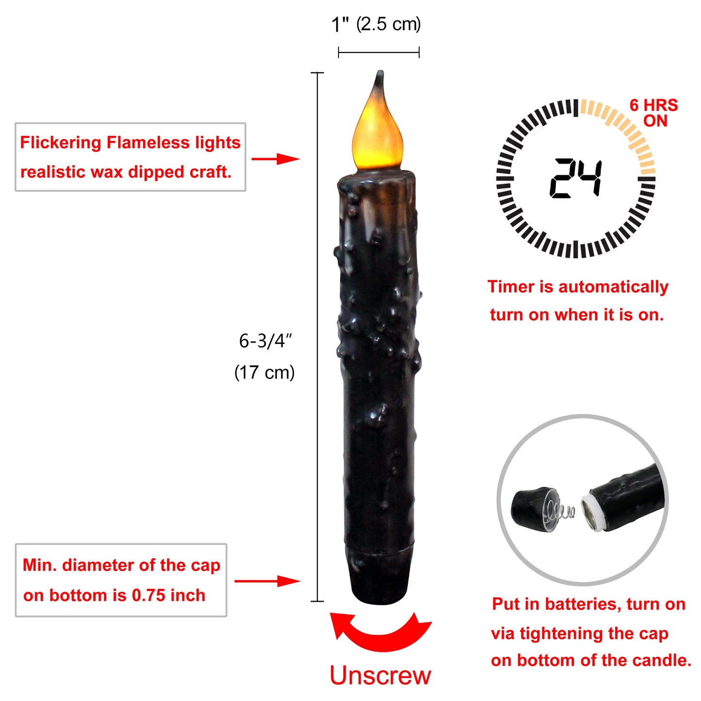 CVHOMEDECO. Real Wax Hand Dipped Battery Operated LED Timer Taper Candles Country Primitive Flameless Lights Décor, 6-3/4 Inch, Matt Black, 3 PCS in a Package