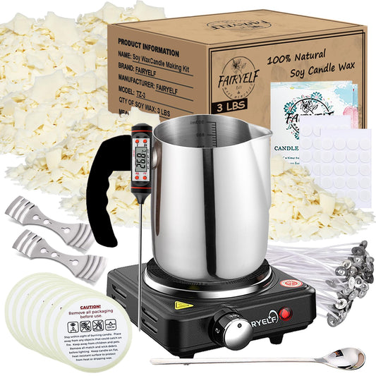 Soy Wax Candle Making Kit Supplies With Wax Melter, Natural Candle Wax for Candle Making - DIY Candles Making Supplies, Including 3lbs Soy Wax Flakes, Melting Pot, Electric Stove, Candle Wick